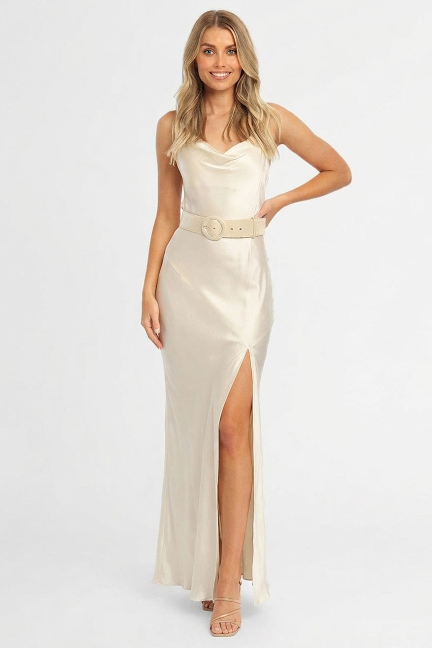 Nicholas Simone ivory silk dress with draped cowl neckline