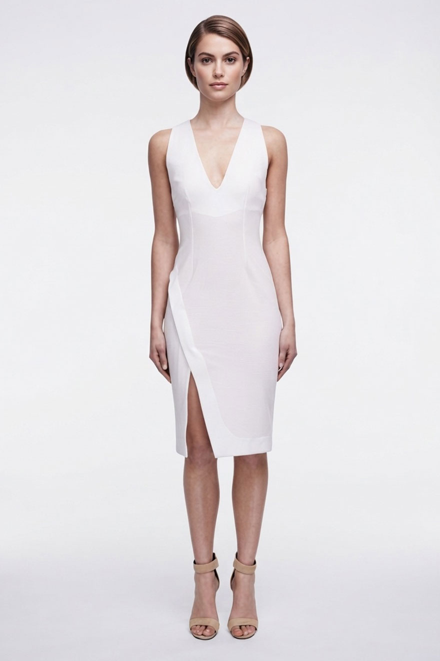 Nicholas white ponti dress with deep V neckline and panelled bodice