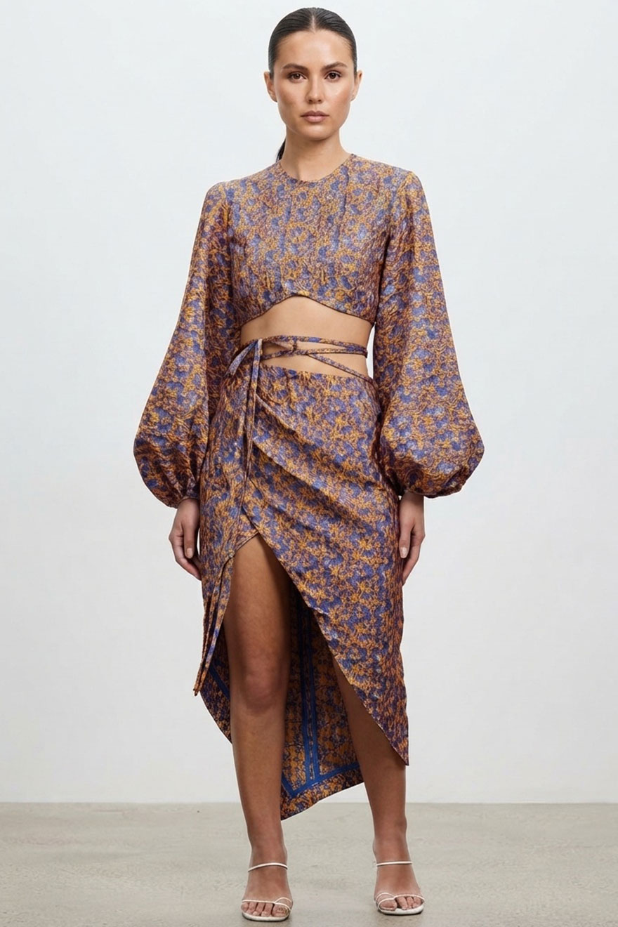 Nicola Finetti orange and cobalt embroidered floral top and skirt set