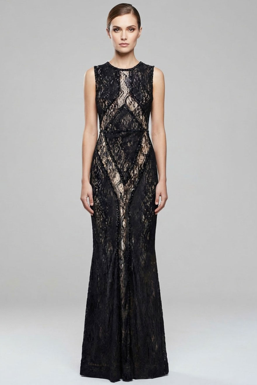 Rachel Gilbert Jade black lace gown over champagne lining with high round neckline