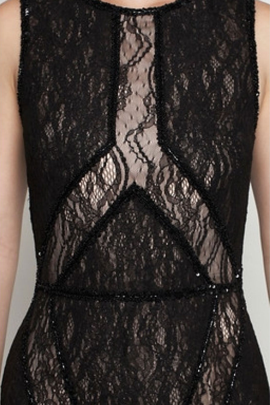 Close-up of diamond bead-trimmed lace panelling on Rachel Gilbert Jade gown