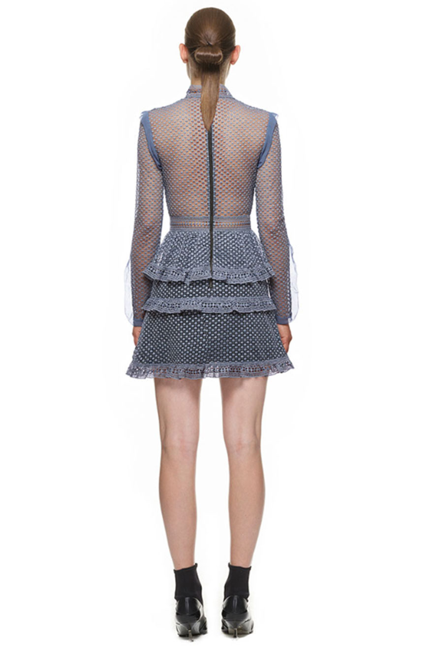 Back of Self-Portrait dove grey dot mesh mini dress with back zip