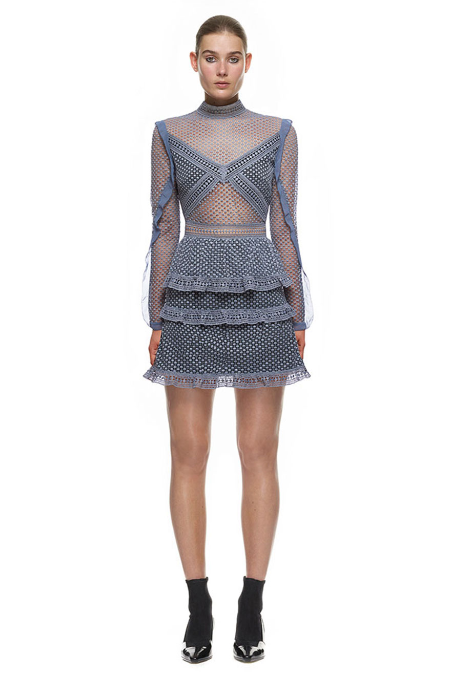 Self-Portrait dove grey dot mesh mini dress with collar stand