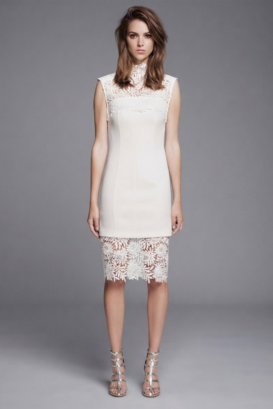 White Suede Lace Ambiguity white crepe dress with lace neckline