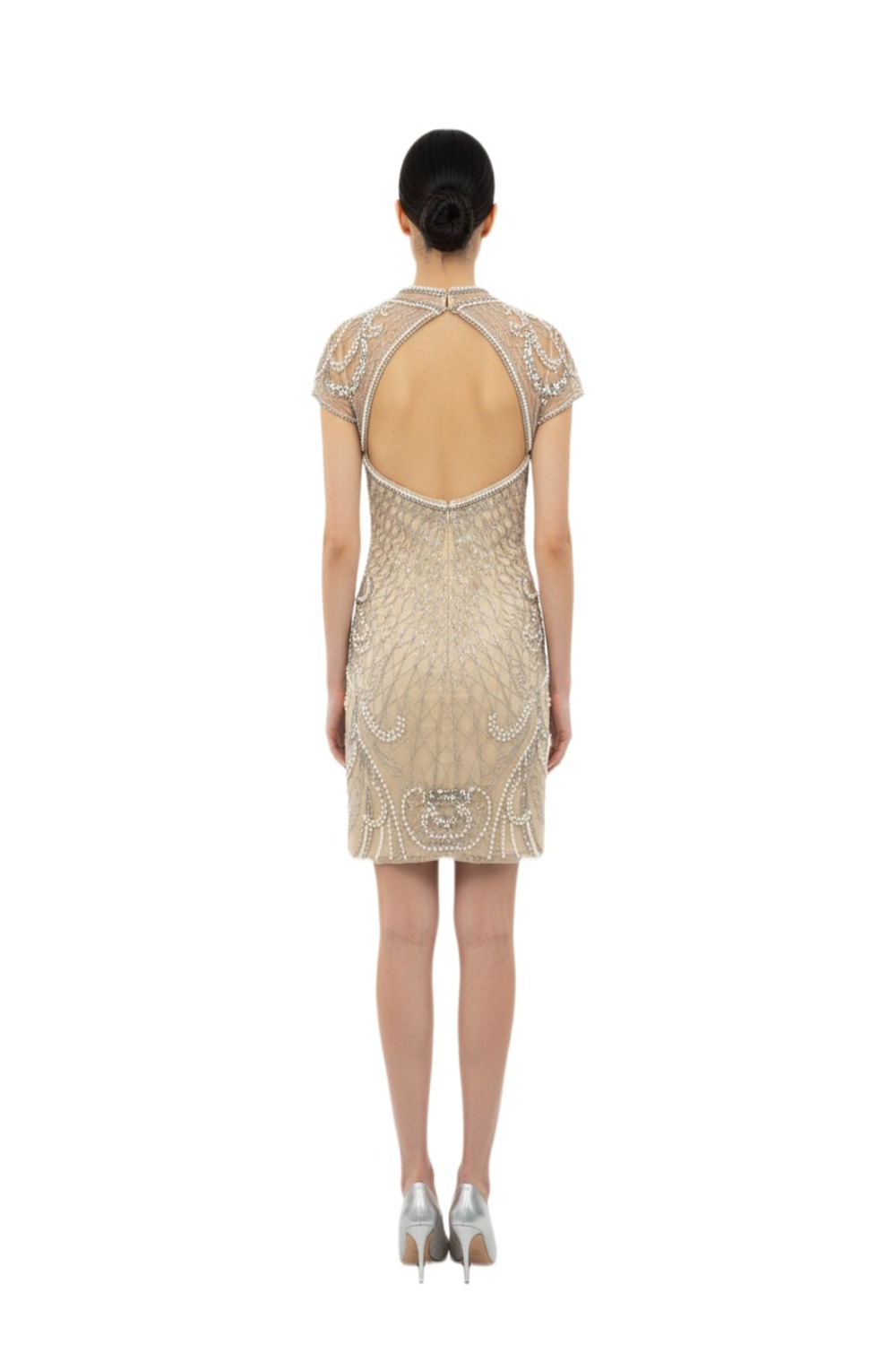 Back of Atlazar champagne mini dress showing open keyhole back