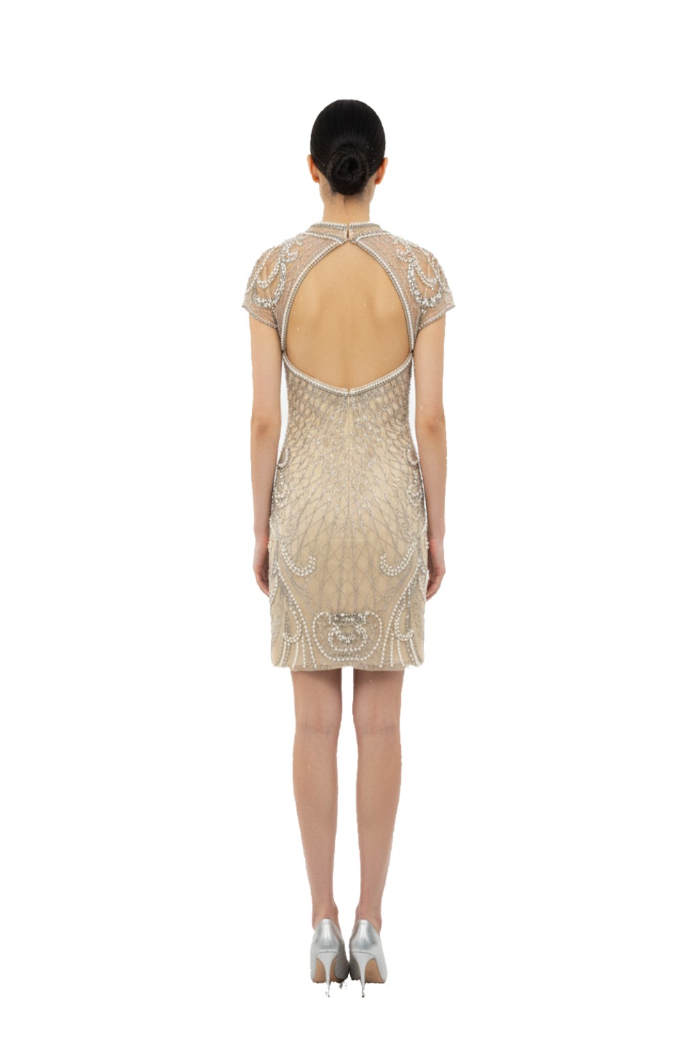 Back of Atlazar champagne mini dress showing open keyhole back