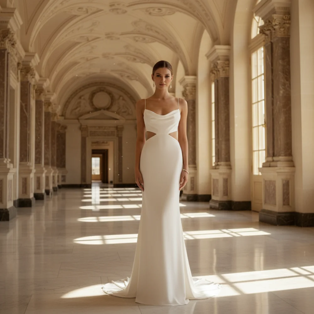 Bride in a white designer wedding gown, shop bridal dresses
