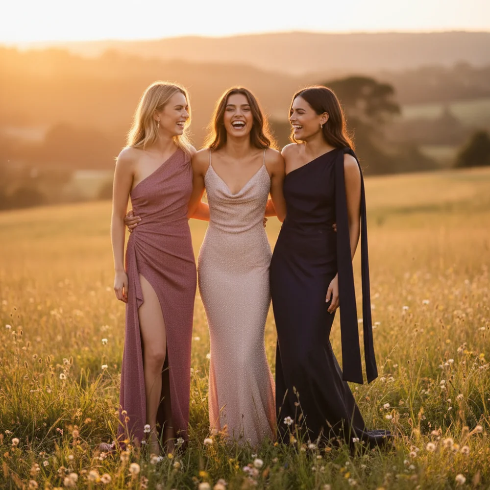 Bridesmaids in pink and navy designer gowns, shop bridesmaid dresses