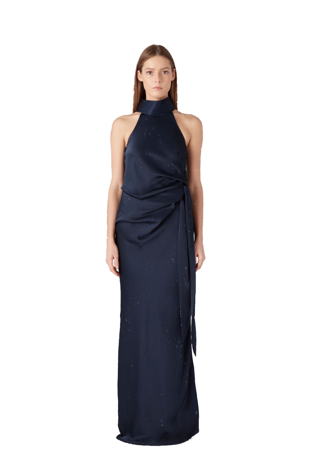 Camilla and Marc Antonelli navy satin gown with high halter folded collar neckline