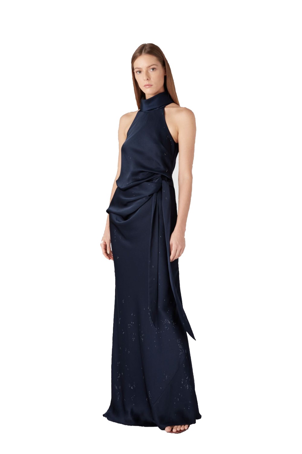 Model wearing Camilla and Marc Antonelli navy satin halter gown with waist tie
