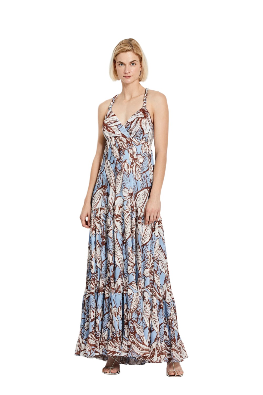 Nicholas Ellie floral maxi dress with V-neck triangle top and pleated skirt