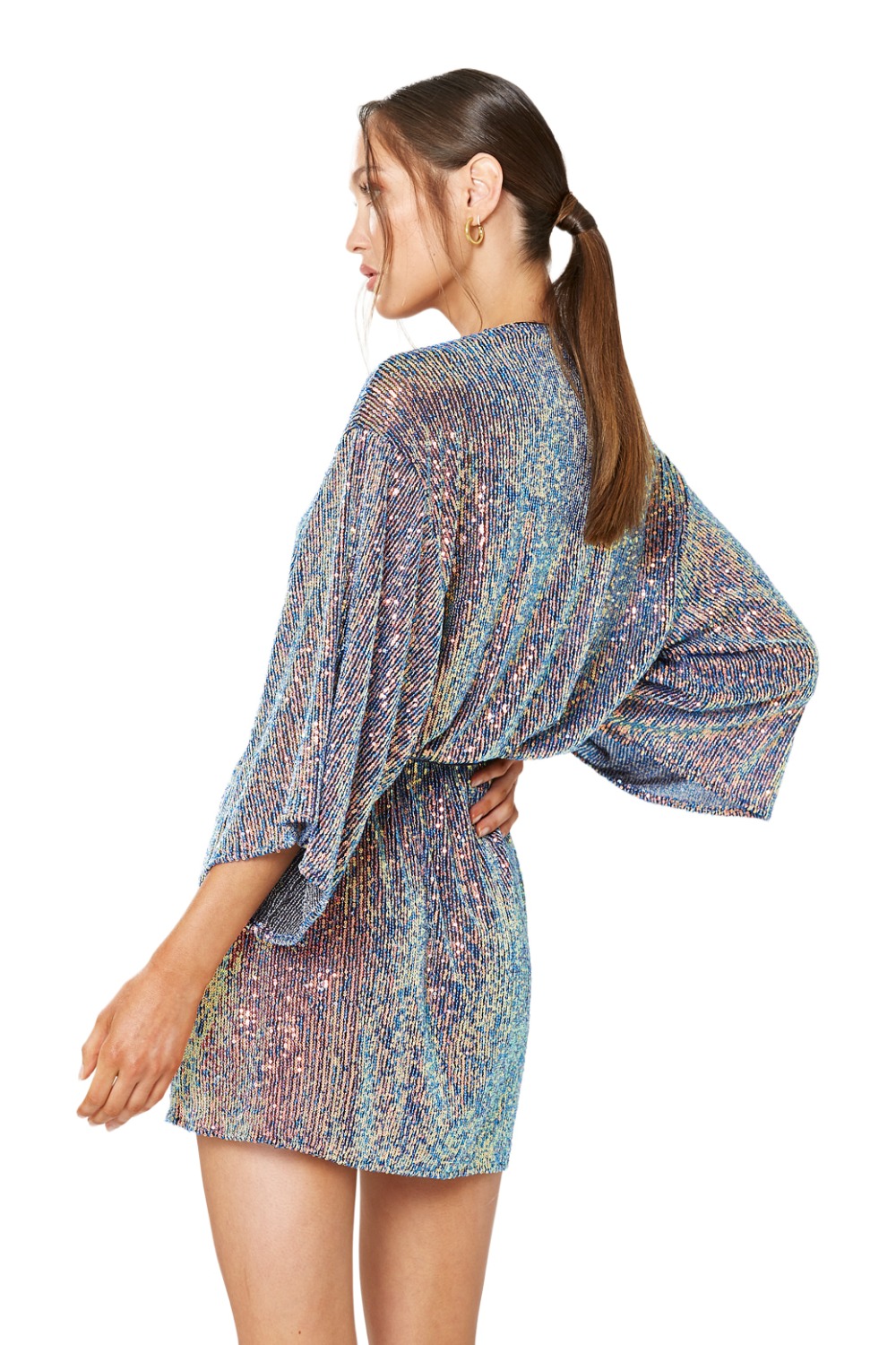 Back of Winona Fantasia blue sequin wrap mini dress