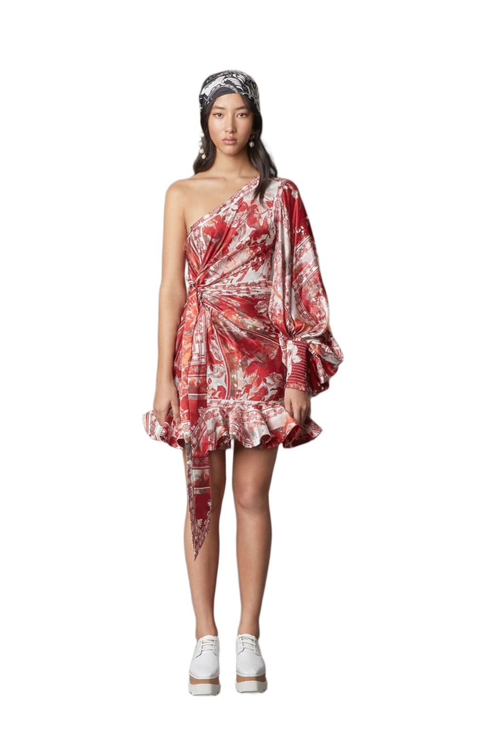 Leo Lin Imperial Draped mini dress in red silk linen print