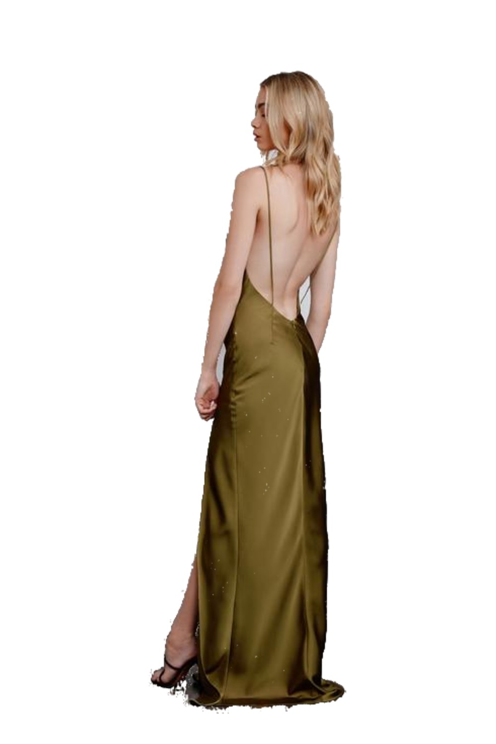 Back of Lexi Alika olive satin gown showing low crossover strap back