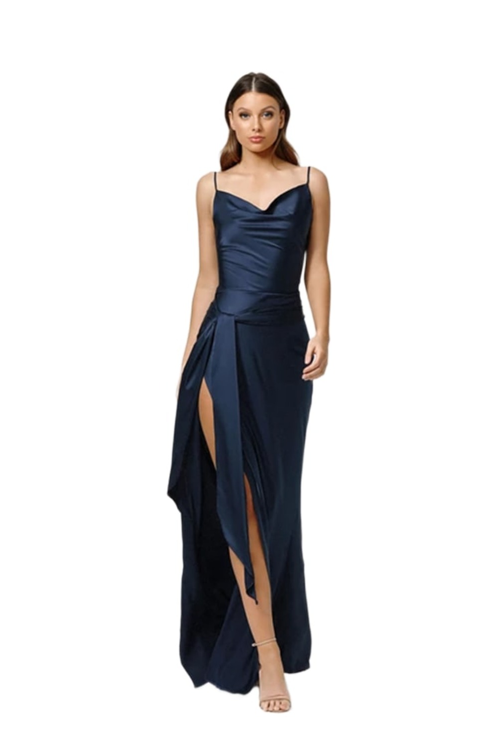 Lexi Ashton navy satin gown with cowl neckline and draped waist tie