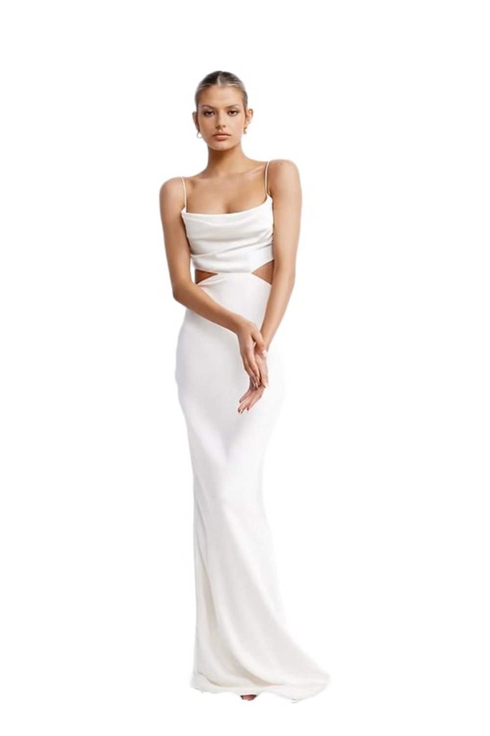 Model wearing Lexi Celia mermaid satin gown with puddle train