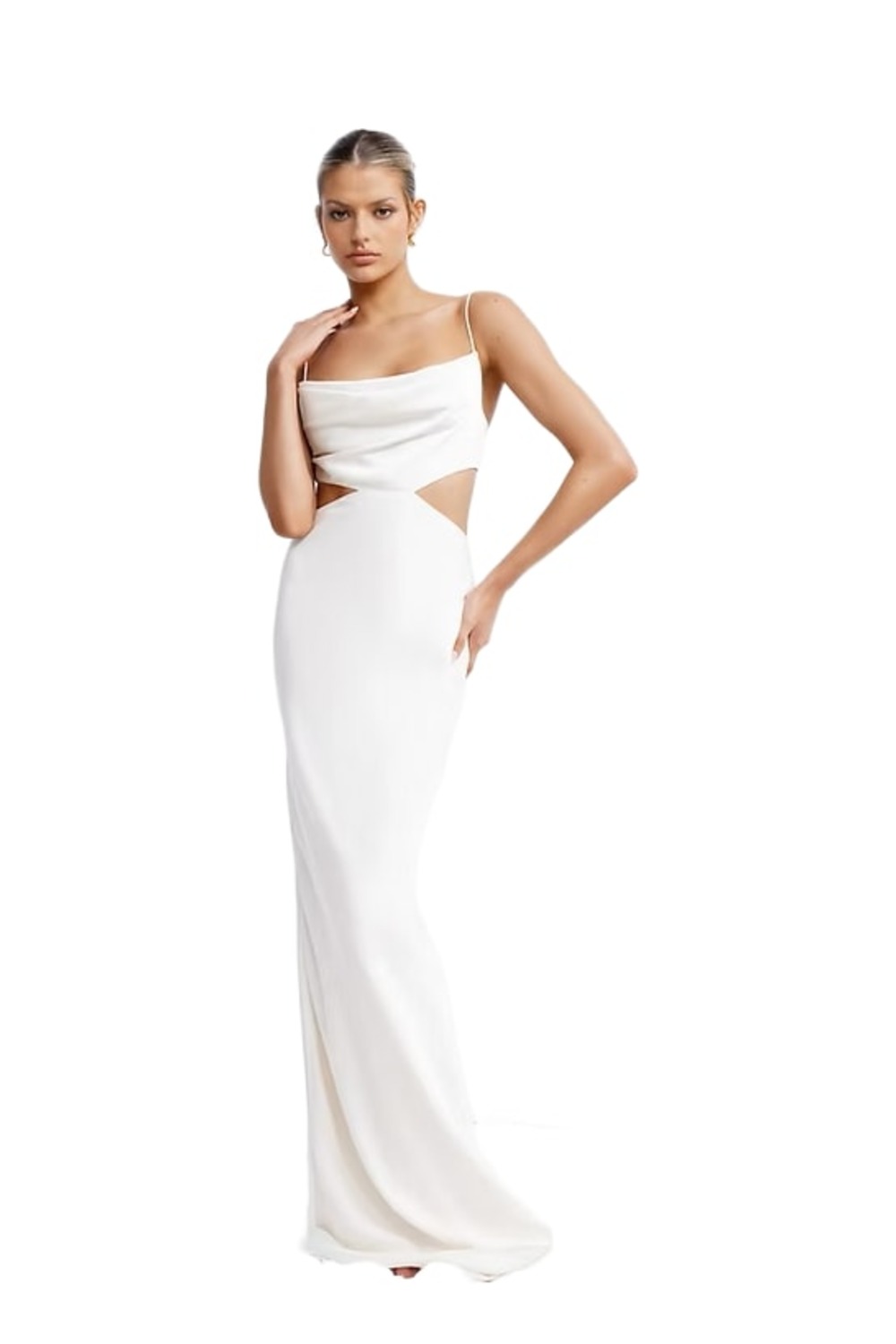 Lexi Celia satin gown with cowl neckline and side waist cut-out
