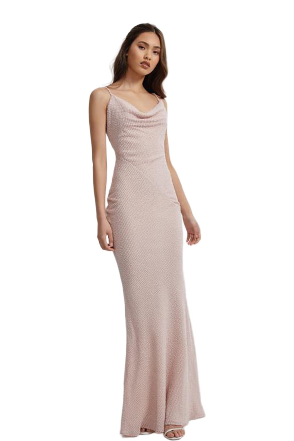 Lexi Cleo pink textured gown with cowl neckline and thin straps