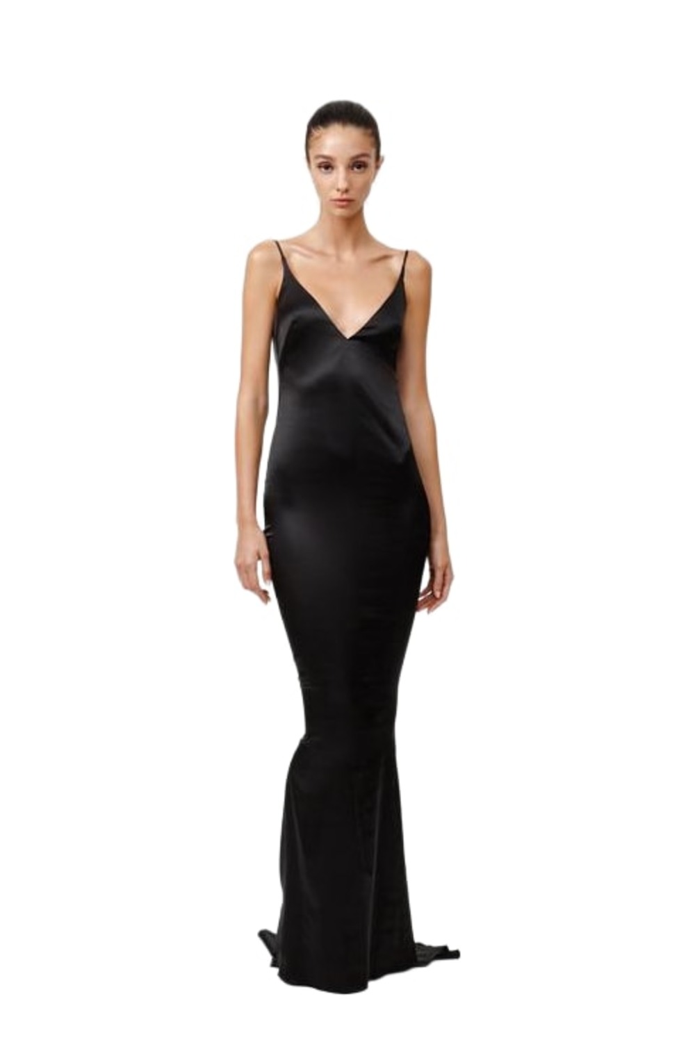 Lexi Esmae black satin slip dress with V neckline and thin straps