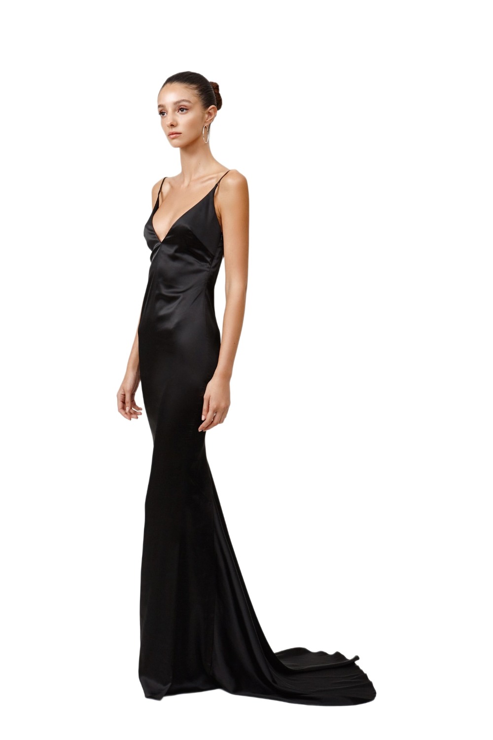 Model wearing Lexi Esmae black bias-cut satin gown with puddle train