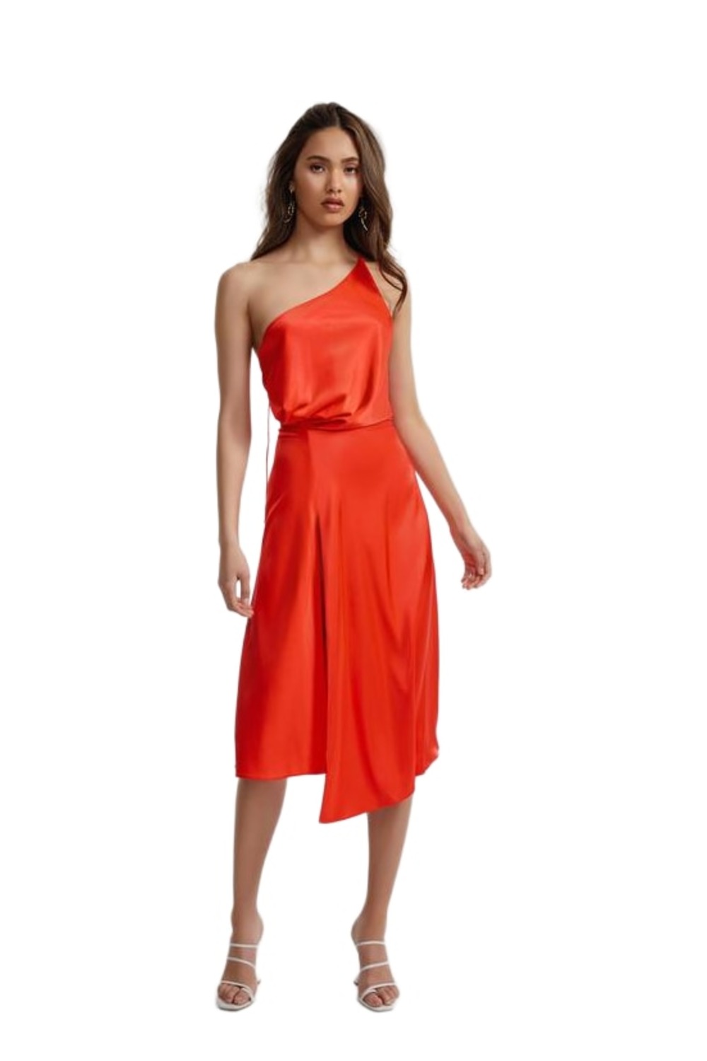 Lexi Frankie orange satin one shoulder dress with A-line swing skirt