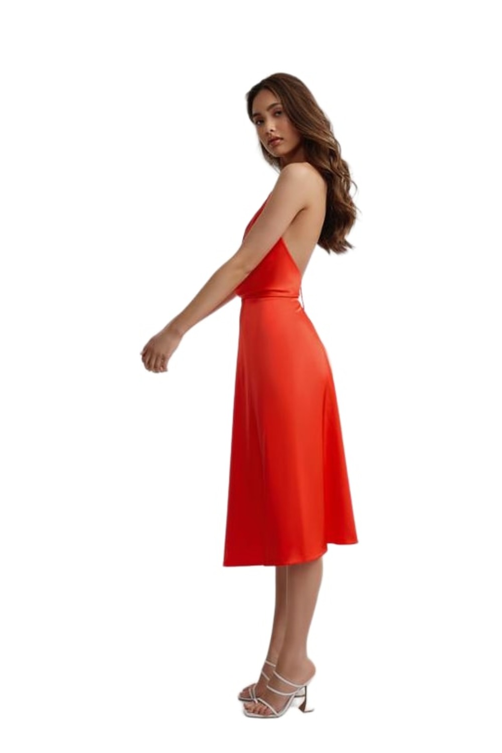Model wearing Lexi Frankie orange one shoulder satin midi dress with split