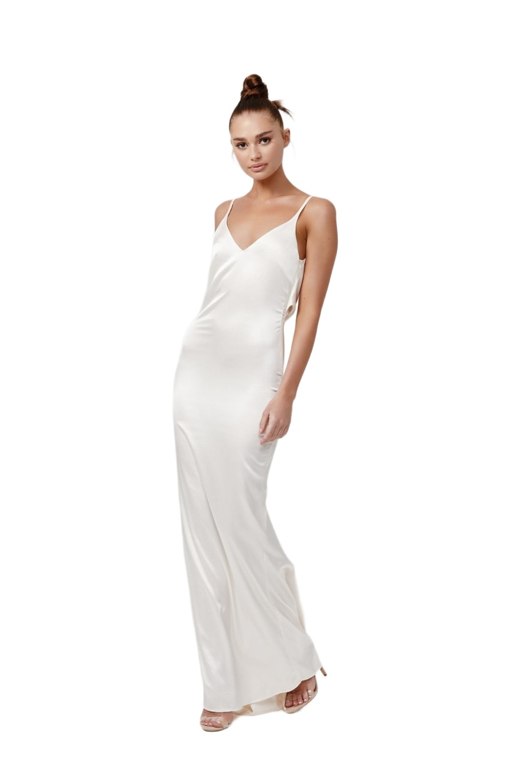 Lexi Gabrielle cream satin slip gown with V neckline and thin straps