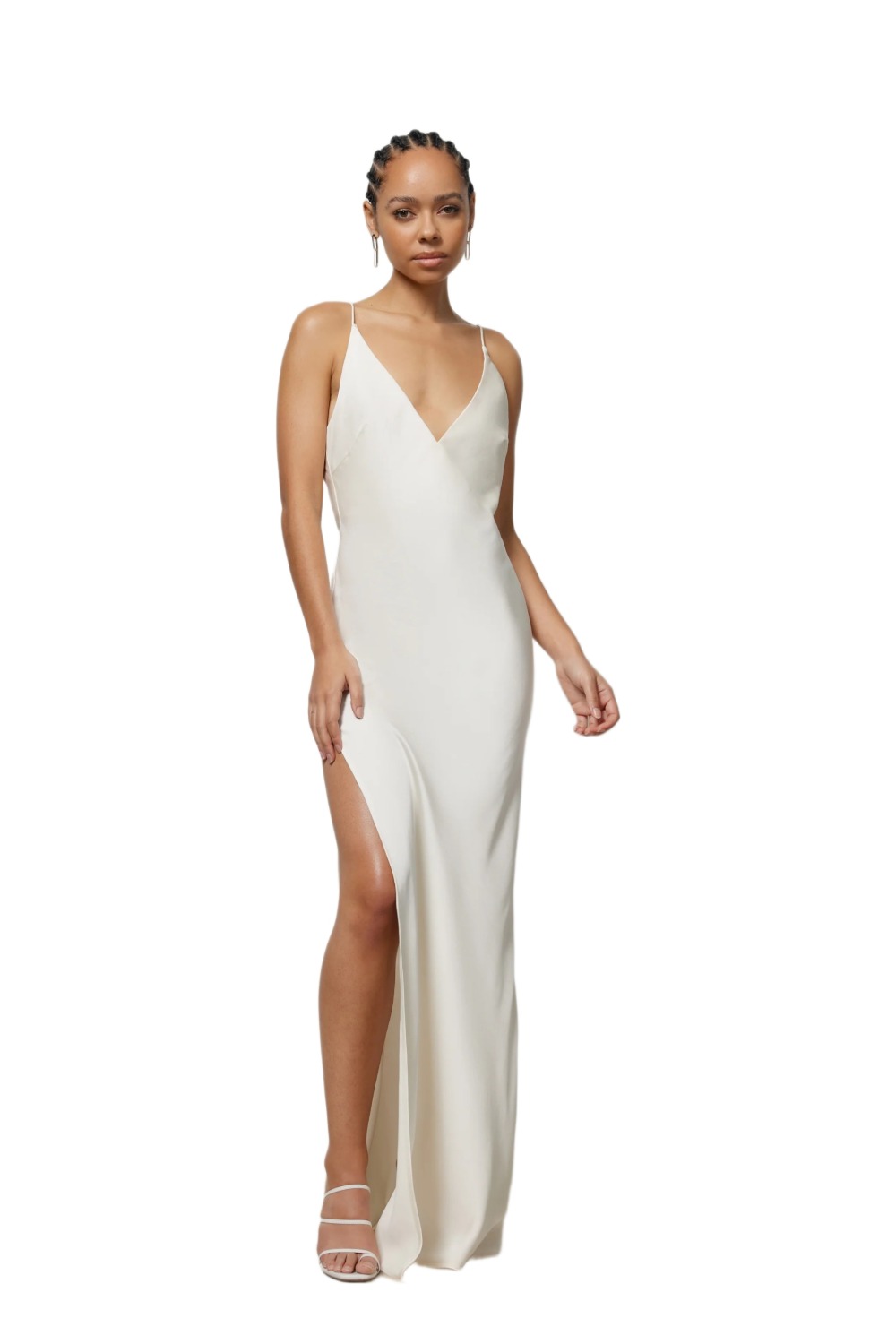 Lexi Gaia oyster satin slip dress with deep V neckline and thigh-high split