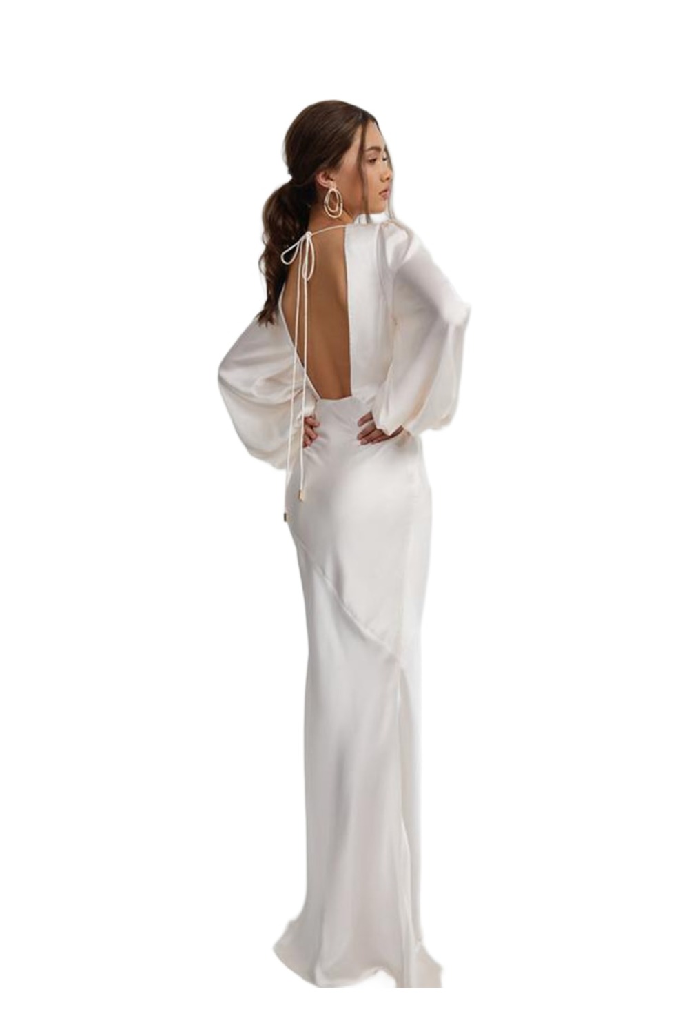 Back of Lexi India blush satin gown showing low open back with gold toggle ties