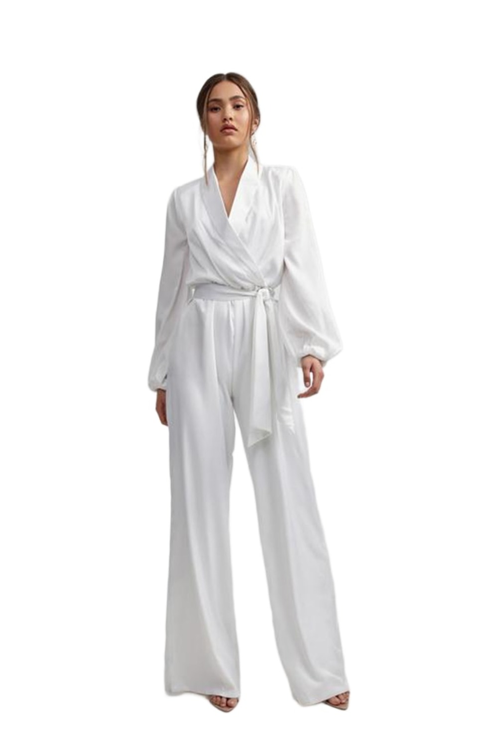 Lexi Kesia ivory satin jumpsuit with shawl collar and wide-leg pants