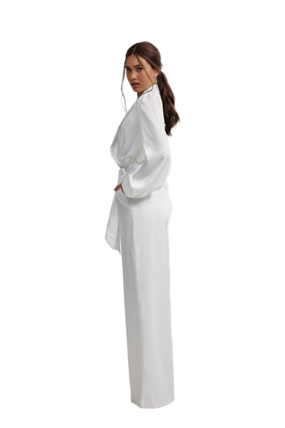 Model wearing Lexi Kesia ivory sandwash satin wide-leg jumpsuit showcasing the side