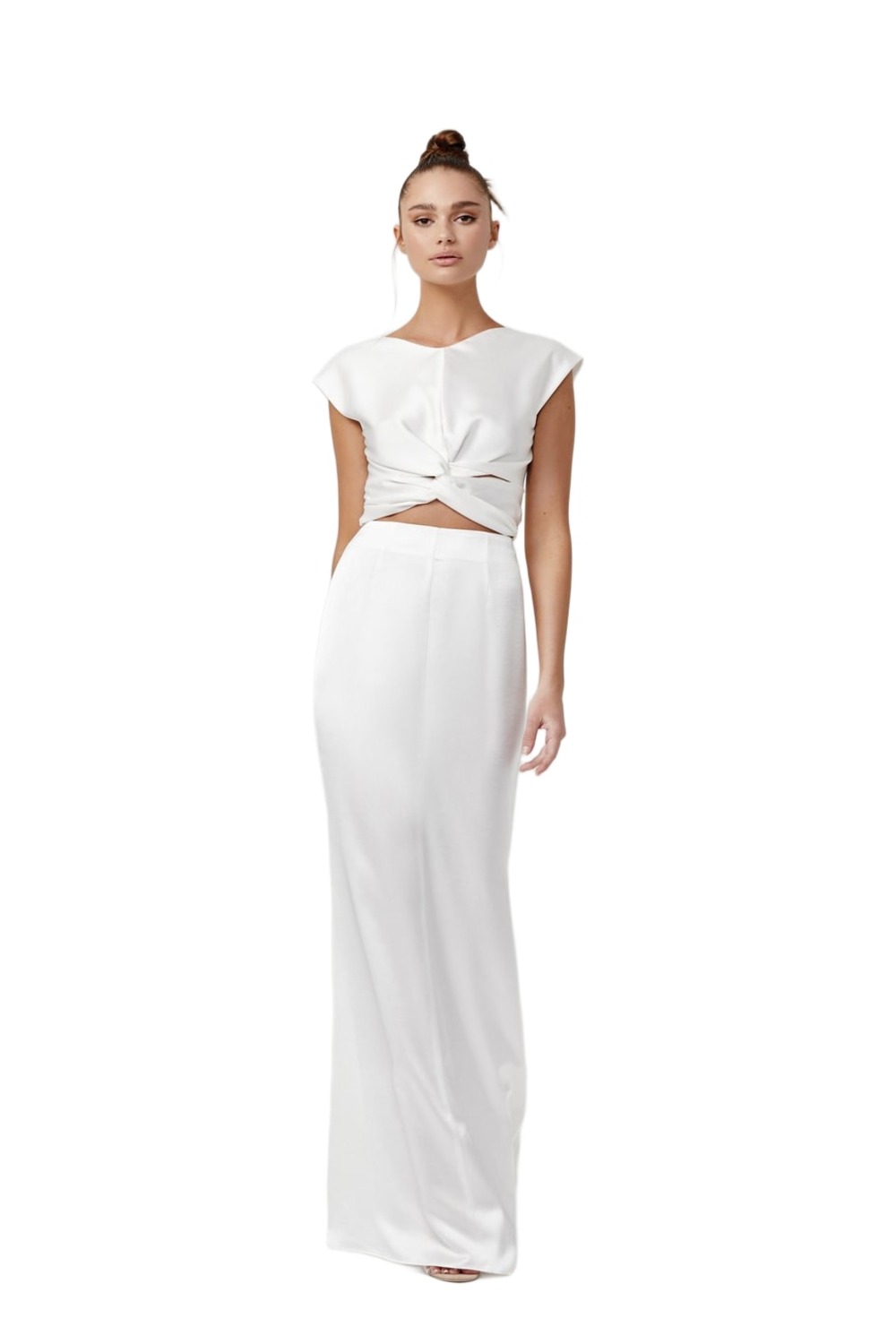 Lexi Kiera white satin gown with knotted twist front and midriff cut-out