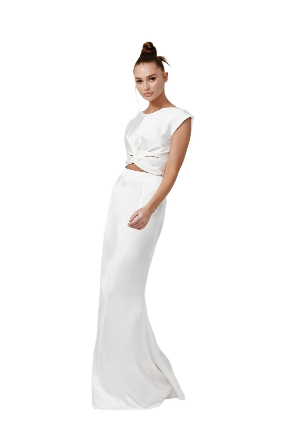 Model wearing Lexi Kiera white satin floor-length gown with cap sleeves