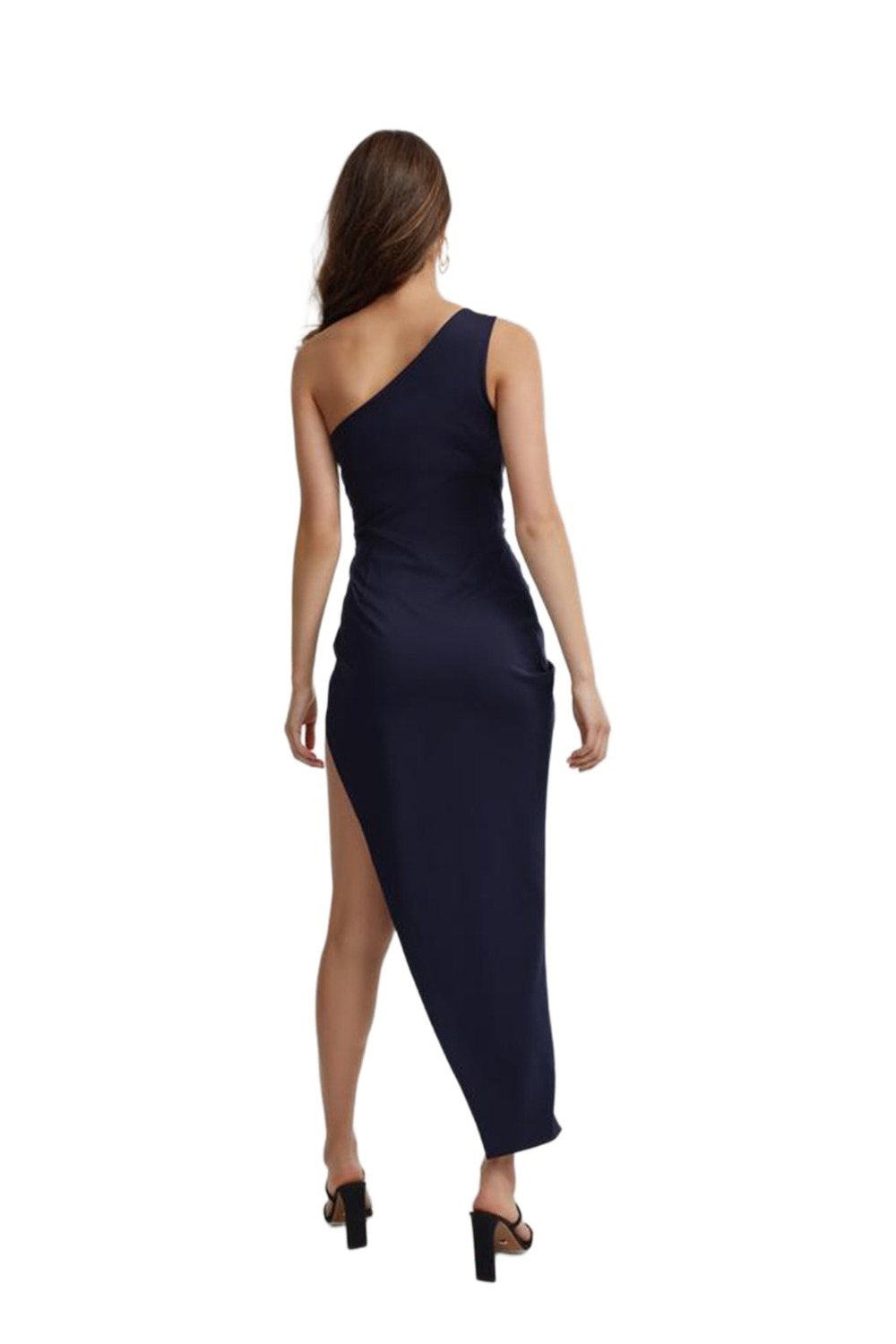 Back of Lexi Lila navy dress showing one shoulder line and asymmetric hem