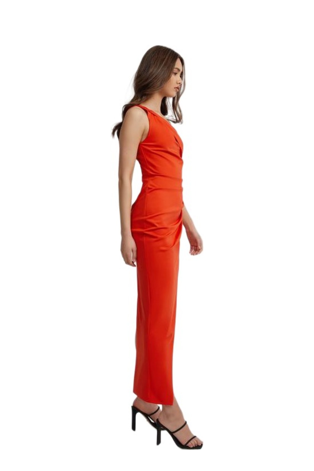 Model wearing Lexi Lila orange one shoulder cut-out dress with split