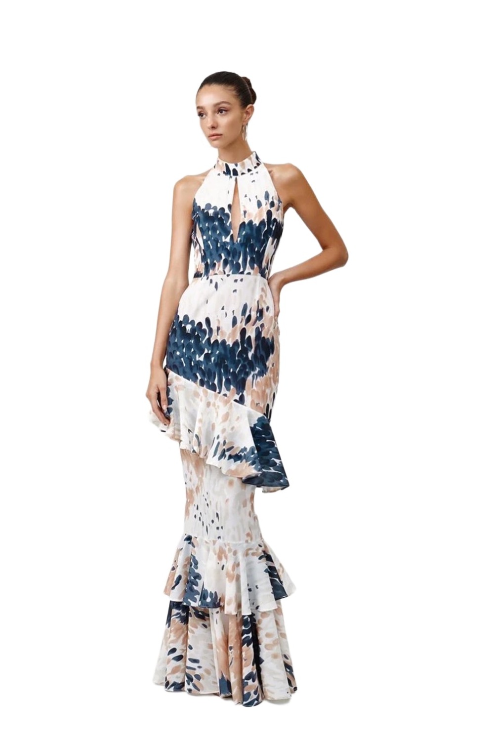 Lexi Mabella navy and tan print halter gown with keyhole neckline and ruffle skirt