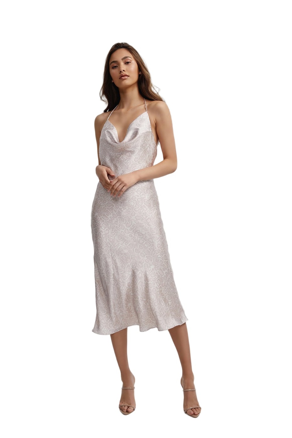 Lexi Maria blush python print satin slip dress with cowl neck halter