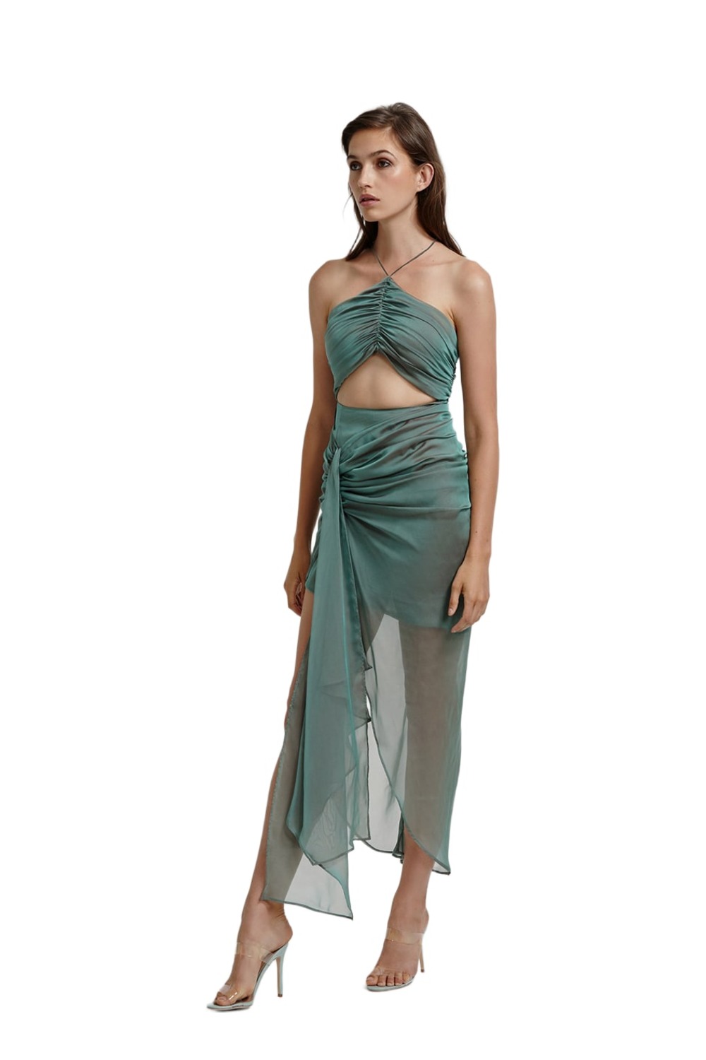 Model wearing Lexi Renata green shot chiffon cut-out dress with sheer split skirt looking to the side