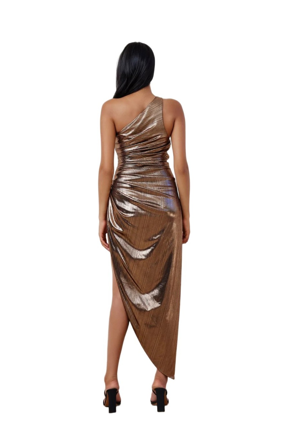 Back of Lexi Rogue bronze metallic jersey dress