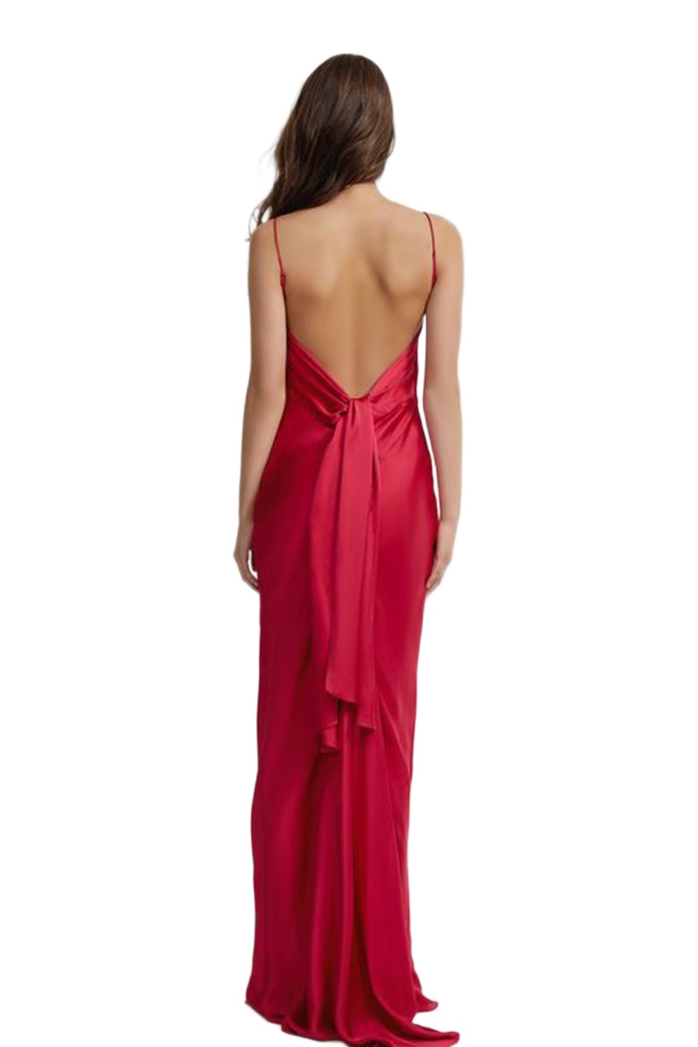 Back of Lexi Romy raspberry satin gown showing low back with tie sash