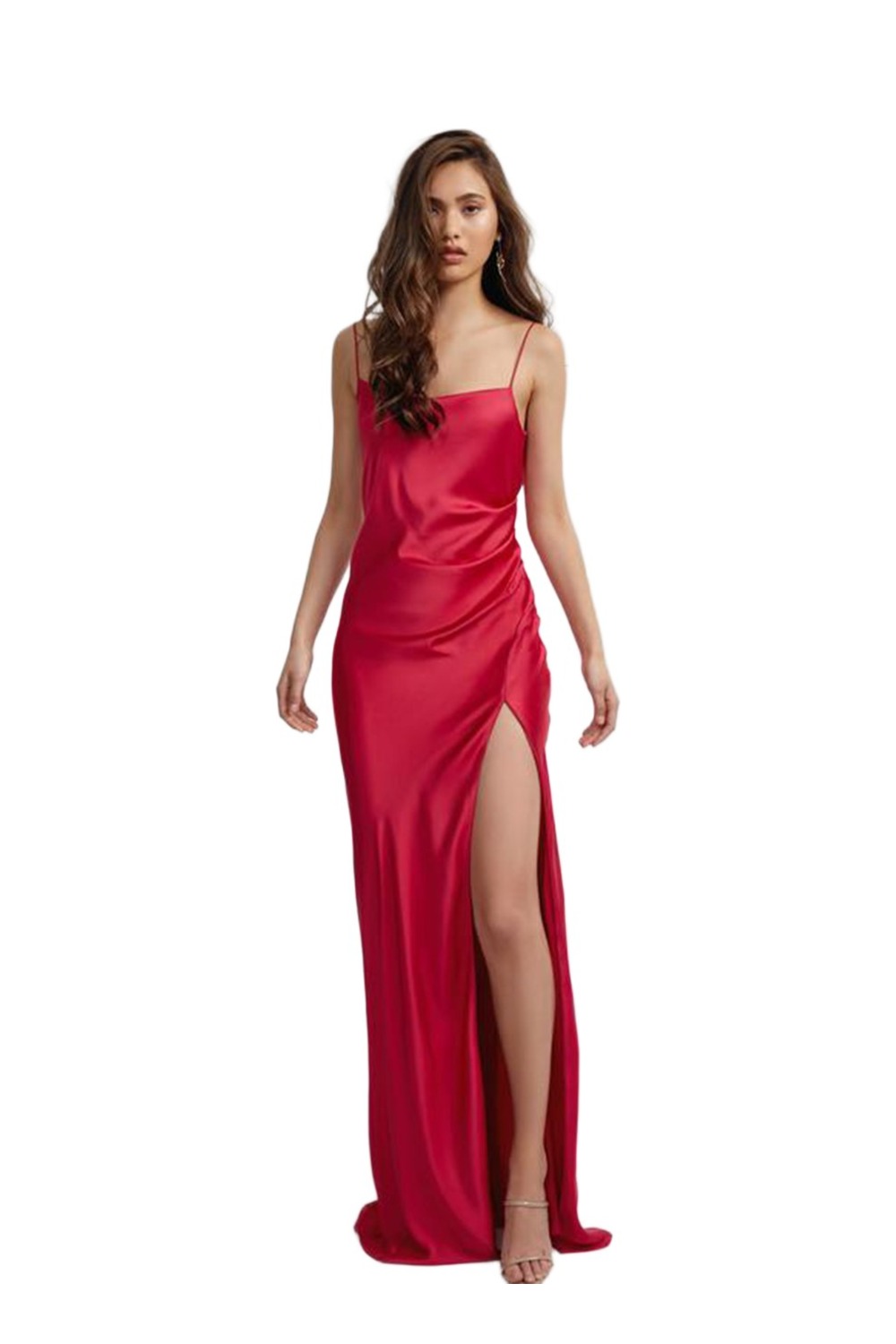 Lexi Romy raspberry satin gown with fine straps, waist ruching and thigh split