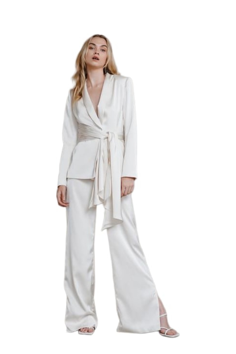 Model wearing Lexi Sade Jacket and Dosa Pant Set in Oyster Front