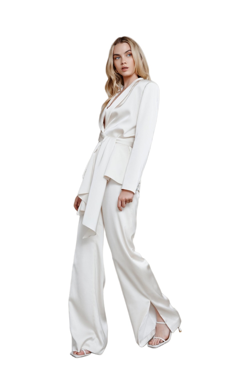 Model wearing Lexi Sade Jacket and Dosa Pant Set in Oyster