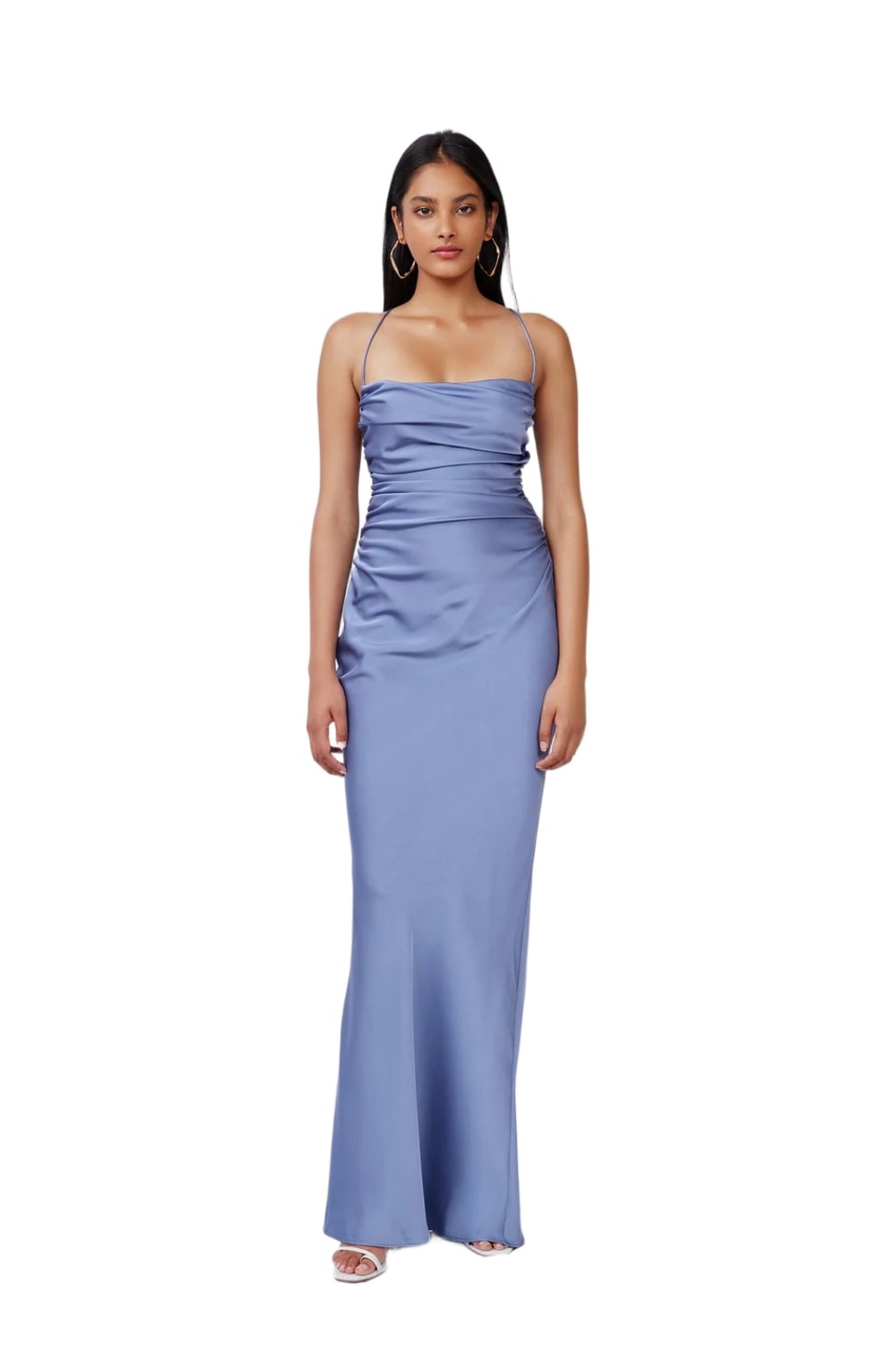 Lexi Scarlet stone blue satin gown with straight neckline and ruched bodice