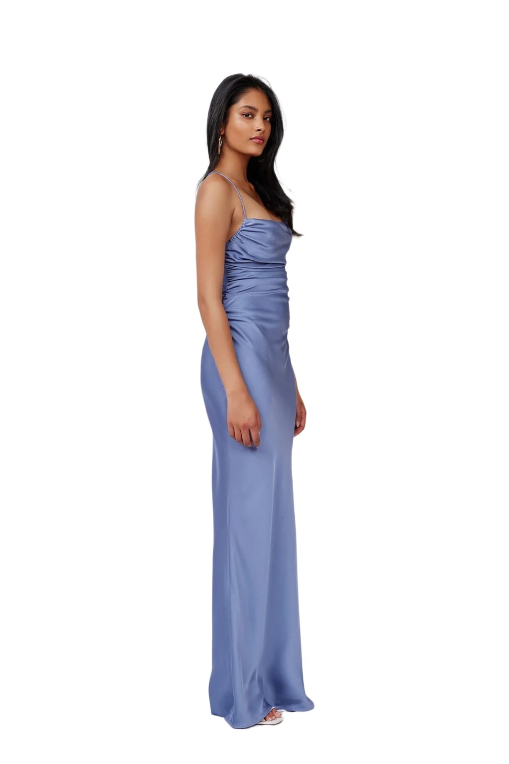 Model wearing Lexi Scarlet stone blue satin mermaid gown
