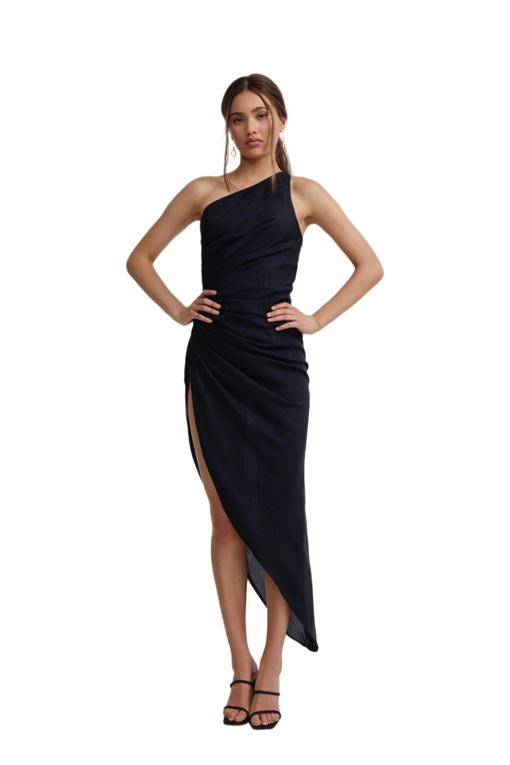 Lexi Sharika midnight chiffon one shoulder dress with gathered waist and thigh split