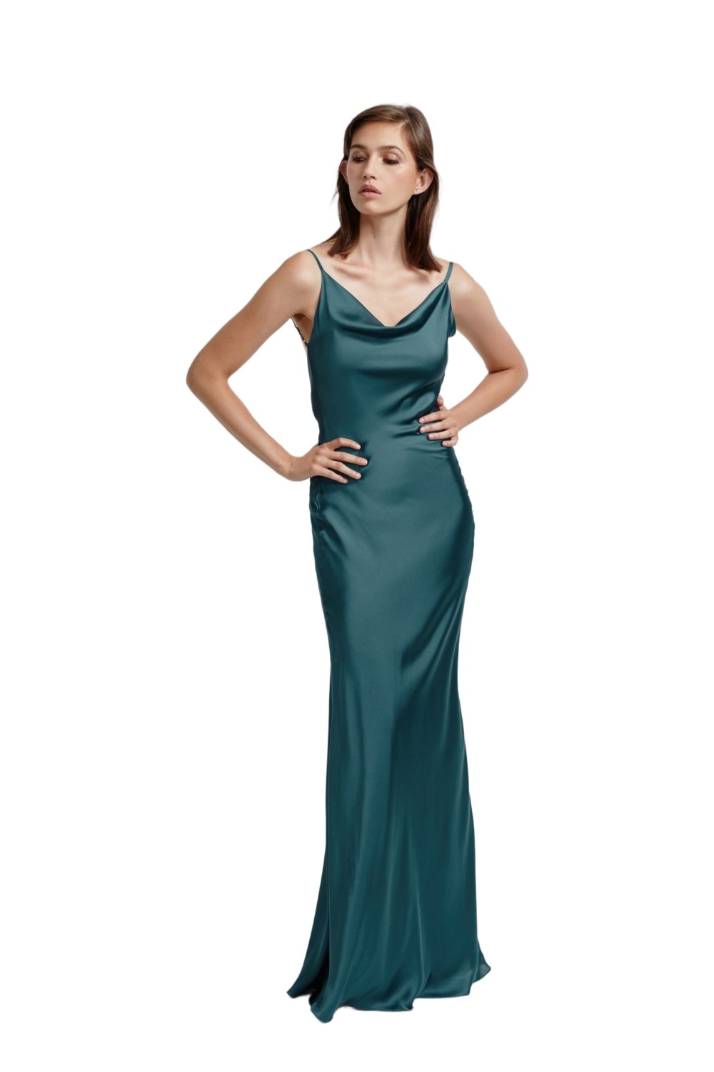 Model wearing Lexi Zamora emerald teal bias-cut satin mermaid gown