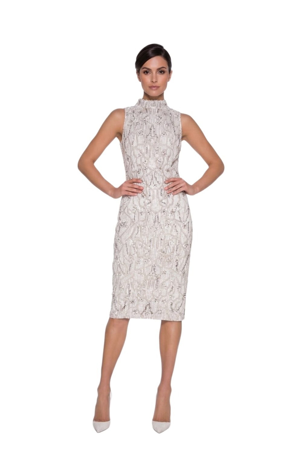 Model wearing Madame X Millie white geometric sequin high-neck midi dress