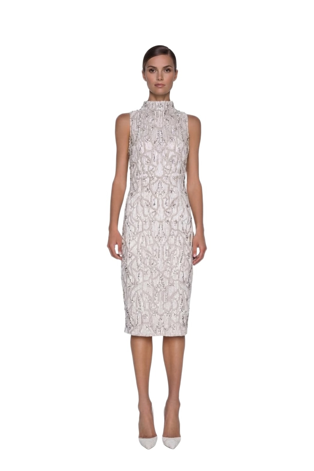 Madame X Millie white beaded sequin midi dress with high neckline