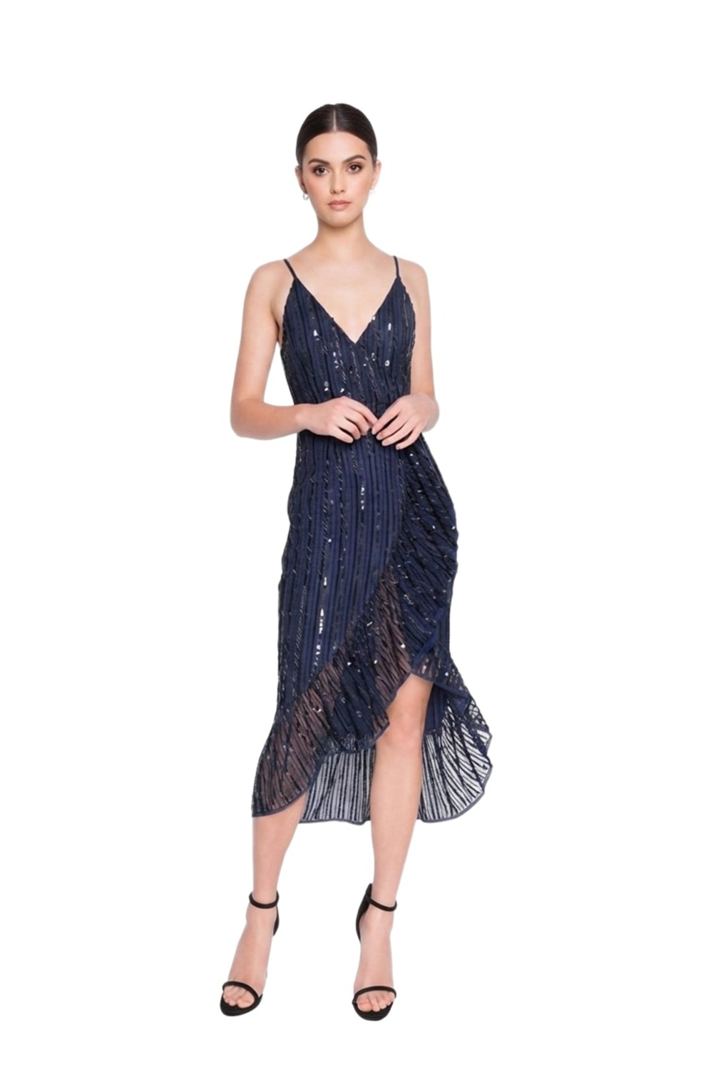 Madame X Siyana navy sequin midi dress with deep V neckline and thin straps